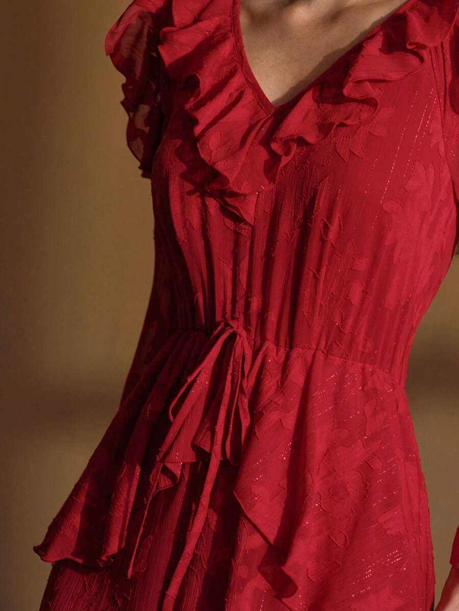 MOTF PREMIUM RUFFLE HEM GATHERED DRESS - Red - View 2