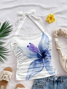 Soleia Women's Wrap-Around Gathered Backless Cami, Floral Print, Suitable For Summer Vacation