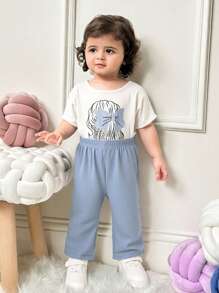 SHEIN 女宝宝两件套休闲插肩圆领卡通图案T恤和裤子套装 - 藍色 - 查看 8