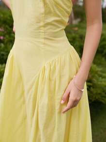 Modelyn Women's Elegant Solid Color Pleated V-Neck Sleeveless Summer Dress - Blue - View 6