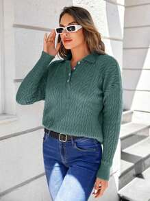 RueChic Women Solid Color Polo Neck Drop Shoulder Long Sleeve Casual Loose Knit Sweater, Autumn/Winter - Mint Green - View 3