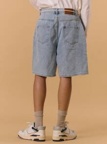 Musero 工装风长款牛仔短裤，纽扣开合，腰带环设计，适合春夏度假穿着 - 藍色 - 查看 4
