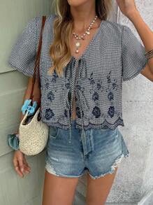 SHEIN Frenchy 女士度假休闲格子花卉刺绣衬衫