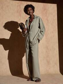 Bóhologie 优质协调纹理棉质面料套装系列，精致两件套套装，现代单扣西装外套，松紧腰裤，奢华轻质材料，专业夏季西装，优雅纹理图案，宽松版型商务休闲组合，百搭中性色调套装 - 卡其色 - 查看 4