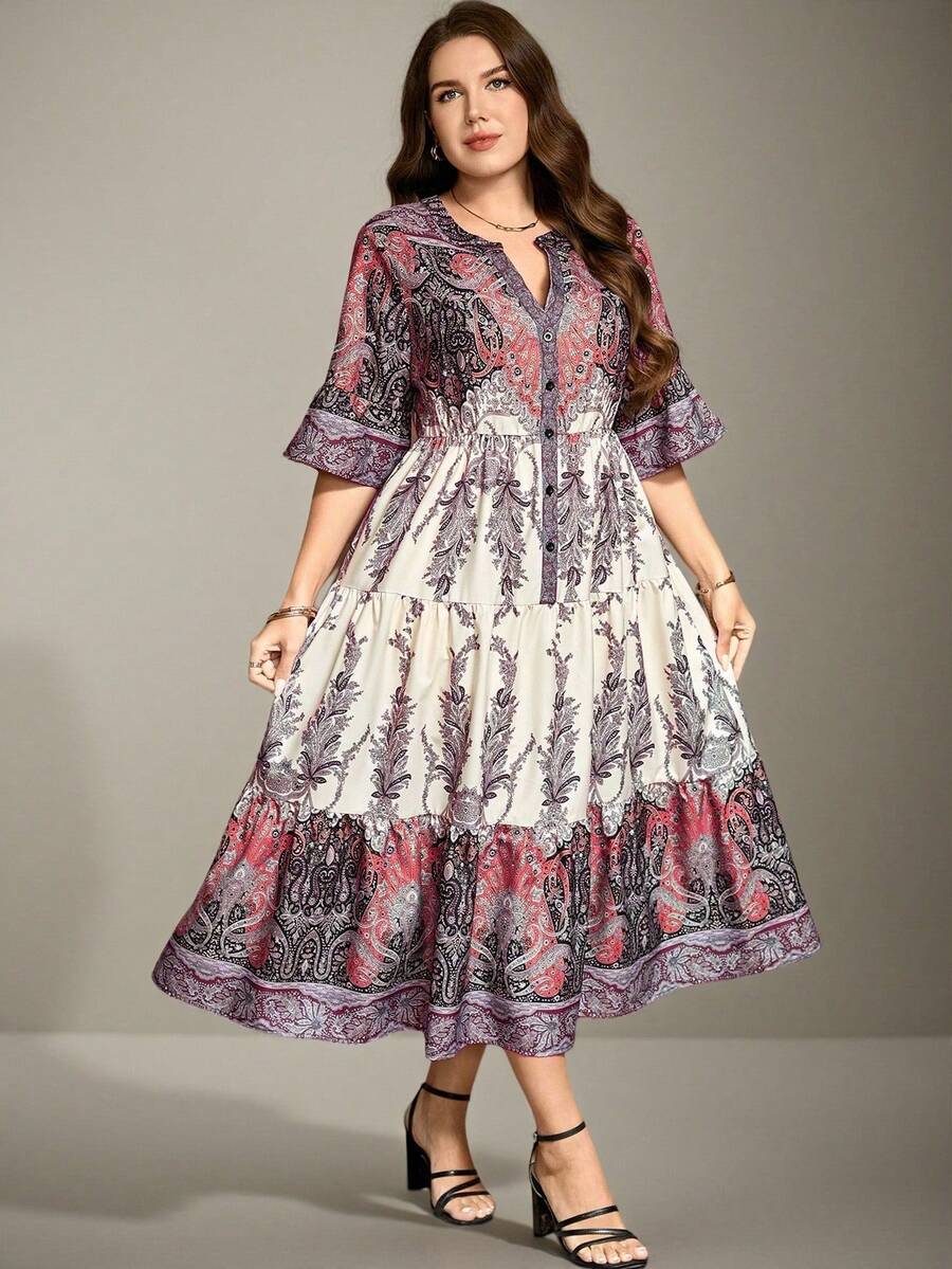Flouryn Đầm Maxi In Họa Tiết Ngẫu Nhiên Cỡ Lớn Cho Nữ - Đỏ - Xem 1