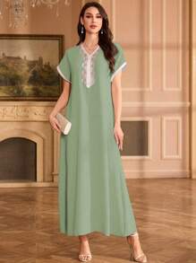 Mulvari 刺绣领花插肩袖立领优雅连衣裙 - 綠色 - 查看 1