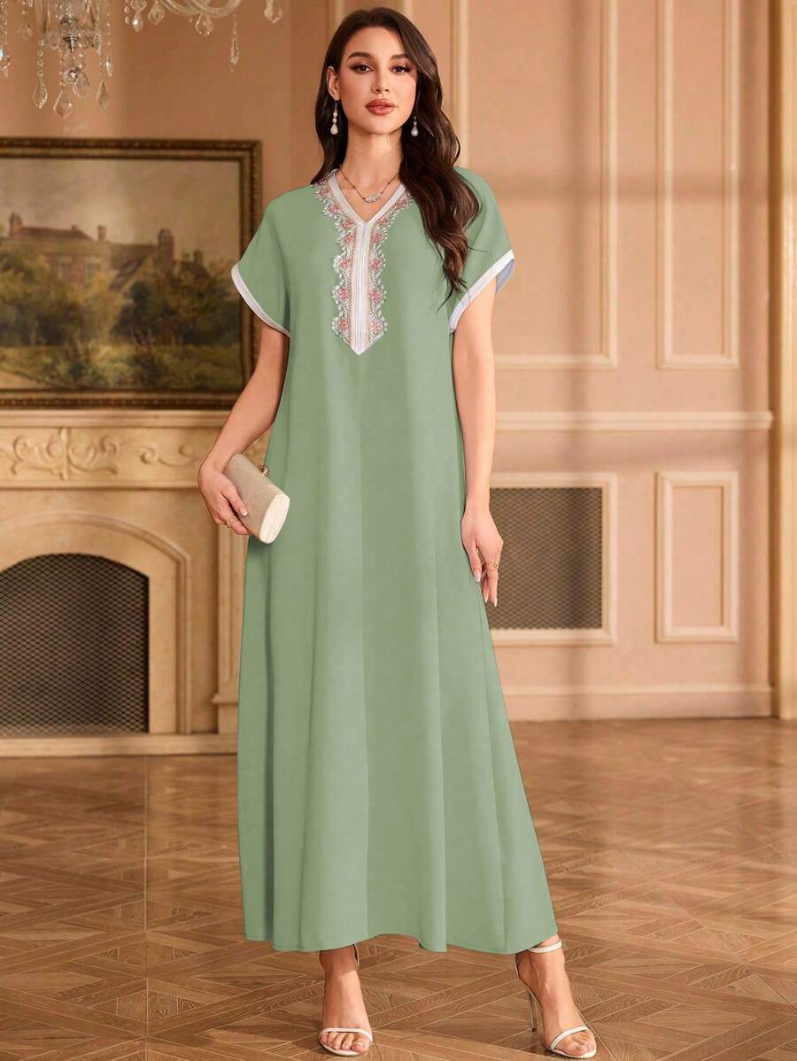 Mulvari 刺绣领花插肩袖立领优雅连衣裙 - 綠色 - 查看 1