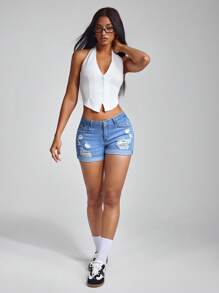 Jeanoix Ripped Roll Up Hem Denim Shorts - Light Wash - View 3