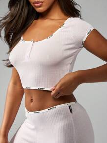 Missguided x Playboy Conjunto de pijama acogedor acanalado con pantalones de pierna campanuda, top corto con cordón, regalos de ropa de dormir