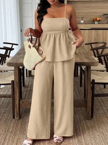 SHEIN Clasi Plus Size Summer Solid Ruffled Hem Camisole And Pants Two Pieces Casual Set - Khaki - View 4