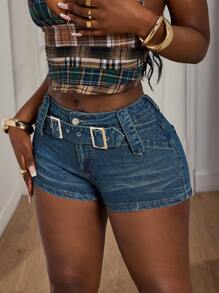 Slaydiva Short en jean casual à ajustement serré avec boucle réglable pour femmes - Jean bleu - Voir 4