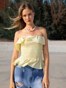 Lumivelle Light Yellow Ruffle Hem Crop Top, Casual Fitted Women's Top - Yellow - View 6