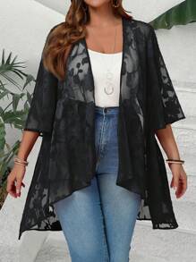 EMERY ROSE Plus Size Women Jacquard Mesh Three Quarter Sleeve Cardigan - Black - View 1