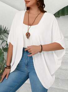 EMERY ROSE Plus Size Women Solid Color Batwing Sleeve Open Front Casual Jacket Plus Size White Cardigan Plus Size Summer Cardigan Plus Size Boho Cardigan Fall Women Clothes,Autumn,Fall Clothes - White - View 3