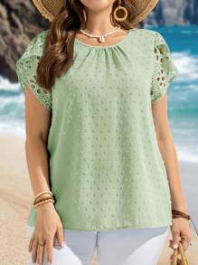 EMERY ROSE Plus Size Women Round Neck Short Sleeve Casual Blouse Summer Tropical Vacation Modest Top For Beach - Mint Green - View 3