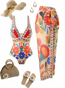 Swim Oasis 1pc Plus Size Women Vintage Floral Print One-Piece Swimsuit, Casual Daily Style For Summer