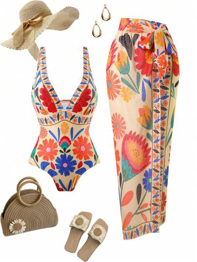 Swim Oasis 1pc Plus Size Women Vintage Floral Print One-Piece Swimsuit, Casual Daily Style For Summer