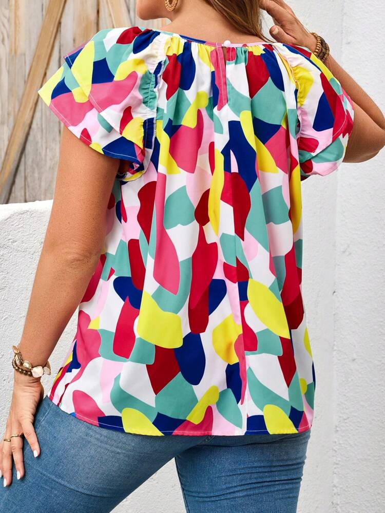 Plus Size Women White Summer Boho Vacation Holiday Round Neck Double-Layer Cap Sleeve Colorful Abstract Print Blouse Shirt,Casual Bohemia Vacay Vibes