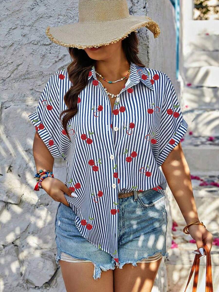 SHEIN LUNE Plus Size Loose Casual Versatile Striped Cherry Print Shirt With Folded Sleeve Cuffs