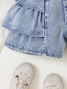 Young Girls' Casual Patchwork Denim Shorts, Comfortable Fashionable Summer Holiday Vacation Daily Wear Girls Ruffle Denim Shorts - Light Wash - View 6