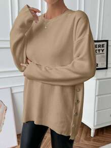EURMUSE Side Snap Button Crew Neck Casual Pullover Sweatshirt, Simple & Fashionable For Daily Wear - Camel - View 3