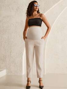 MaterniWear 可调节腰围纯色孕妇裤，带腹部支撑 - 卡其色 - 查看 8