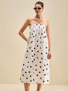 Muvela 女士波尔卡圆点吊带裙，时尚夏季度假连衣裙，优雅女士夏装 - 黑與白 - 查看 4