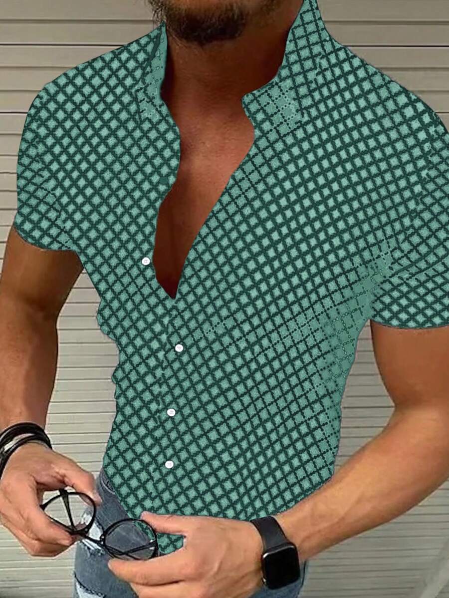 Manfinity Homme Camisa Casual de Manga Curta com Botões na Frente e Estampa Completa Verde para Homens