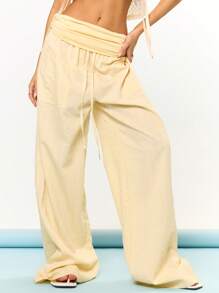 MUSERA Ruched Foldover Waist Pocket Detail Wide Leg Trousers Beach Cover Up Summer Vacation Holiday Festival Cute Casual Elegant Tuscan Sun
