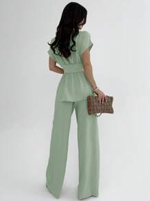 Firerie Bộ trang phục công sở mới thanh lịch & đơn giản, cổ chữ V cài nút, eo cánh dơi & quần ống rộng lưng cao, phong cách cổ điển - Màu xanh Bạc hà - Xem 2