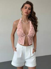 Aloruh Romantisches Date, Frühlings-/Sommerurlaub, rückenfreies Trägertop mit Struktur in Apricot für Frauen