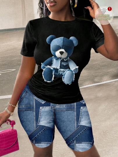 Slaydiva 2pcs/Set Casual Cute Blue Cartoon 3D Bear Print Short Sleeve T-Shirt & Matching Pattern Print Shorts, Women Summer Outfit Suitable For Going Out