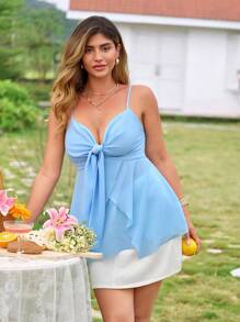 KURAYIA Parte superior de camisola de mujer de talla grande elegante, de doble capa de gasa sin mangas, con lazo azul