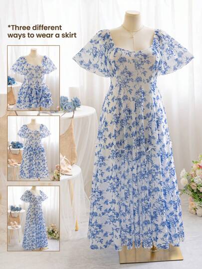 Dreamara Plus Size Women's 3-Way Wear Blue & White Floral Print Mesh Dress, Vacation Cottagecore Clothes Blue Floral Dresses Blue White Dress Blue And White Dress Blue Floral Dress