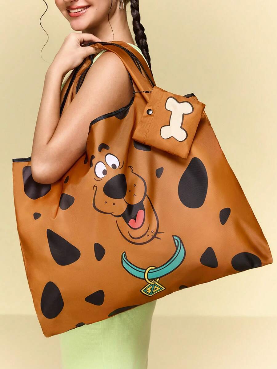 SCOOBY-DOO X SHEIN 1 chiếc Túi mua sắm gấp gọn bằng polyester in hình nhân vật hoạt hình dễ thương, Túi tote, được trang bị túi đựng đồ nhỏ có dây xích hạt, có thể treo trên túi, dành cho chó - màu nâu - Xem 1