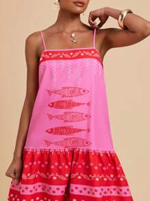 Travachic 女士细肩带鱼形印花拼色度假风格短款连体裤 - 彩色 - 查看 1