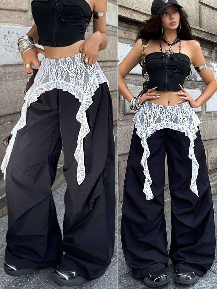 Coolane 女式夏季复古街头风 Y2K 休闲演唱会蕾丝不对称荷叶边低腰宽松降落伞裤