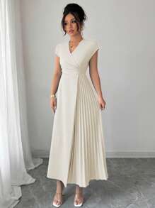 Elenzga Đầm Maxi trễ vai xếp ly bên phải, đơn giản, thanh lịch, đi làm, công sở, đi nghỉ, trà chiều, màu trơn, cổ chữ V, eo, viền bèo, hở vai, mùa xuân/hè - Màu be - Xem 3