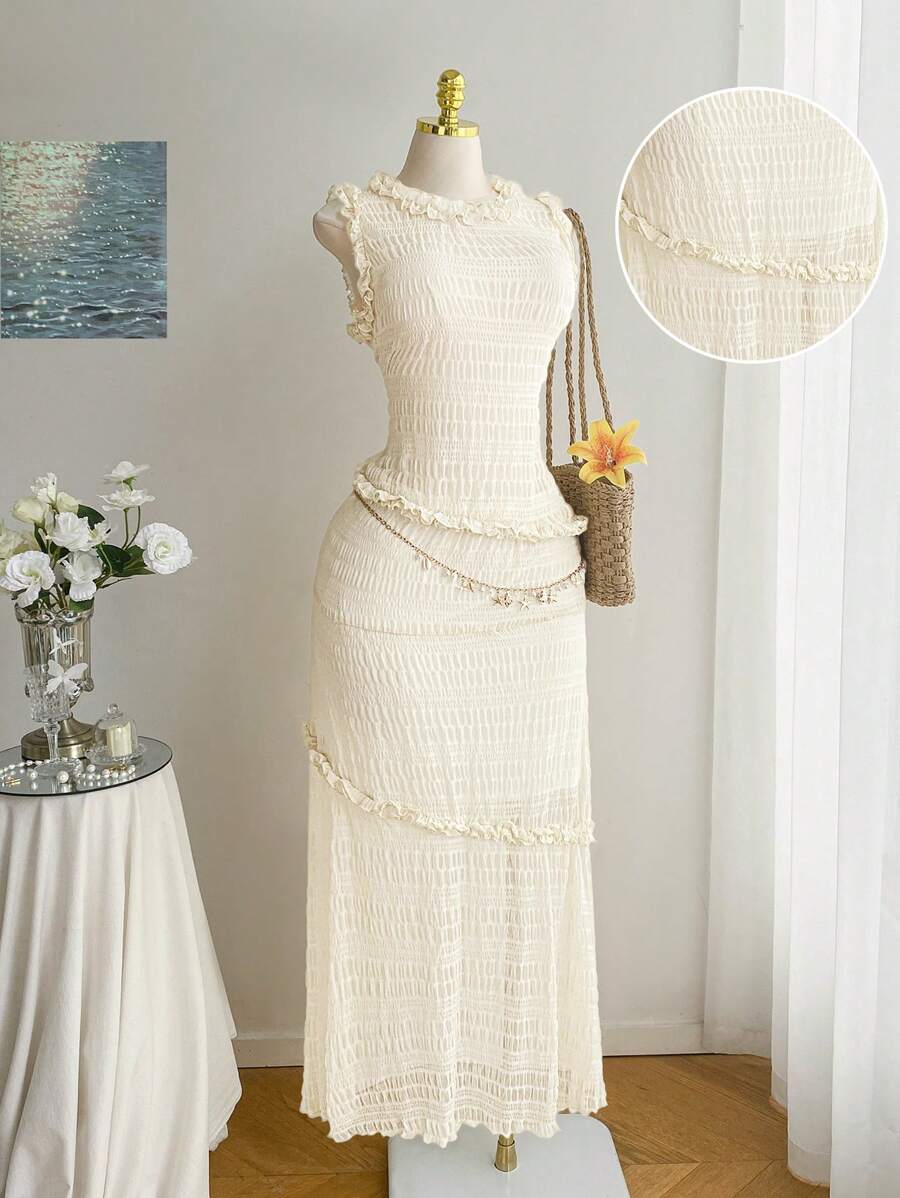 Comfortcana 夏季纯色荷叶边上衣和长款中长裙两件套休闲套装，大码可选，假日风格