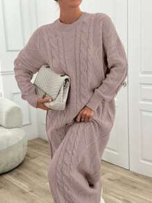 EURMUSE Women's Solid Color Round Neck Long Sleeve Simple Casual Dress - Baby Pink - View 4