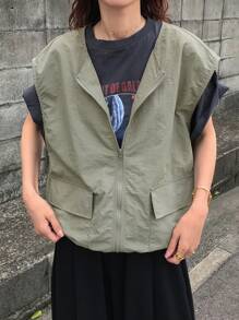 FRIFUL Women Sleeveless Round Neck Zip-Up Vest,Army Green Summer Casual Occasion Regular Outerwear With Large Pockets,Versatile Fall Layering Jacket Coats - Green - View 3