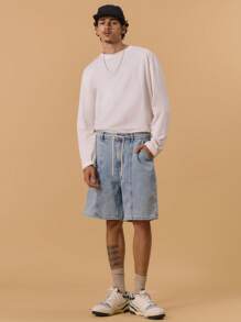 Musero 工装风长款牛仔短裤，纽扣开合，腰带环设计，适合春夏度假穿着 - 藍色 - 查看 1
