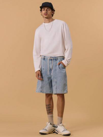Musero 工装风长款牛仔短裤，纽扣开合，腰带环设计，适合春夏度假穿着