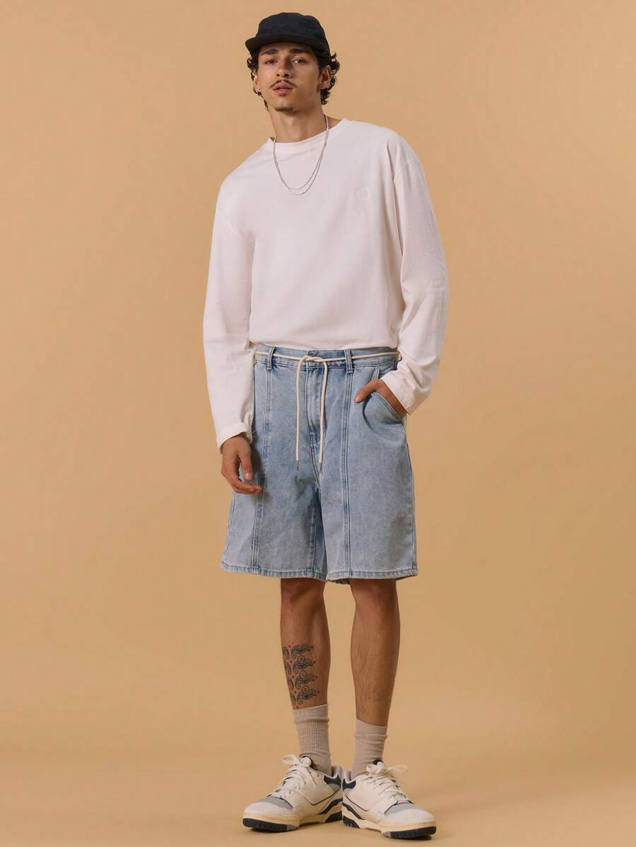 Musero 工装风长款牛仔短裤，纽扣开合，腰带环设计，适合春夏度假穿着 - 藍色 - 查看 1