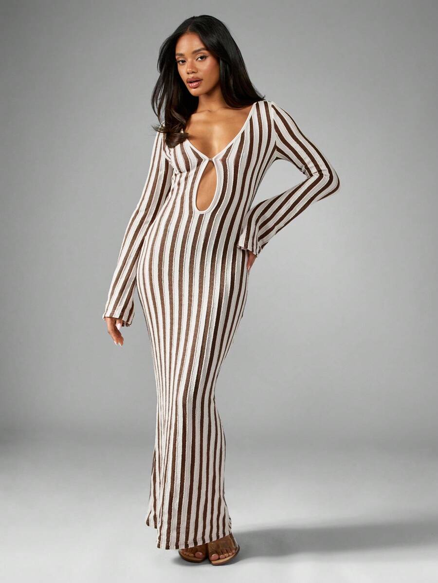 MISSGUIDED Long Sleeve Maxi Beach Cover Up Crochet Keyhole Front Summer Boho Resort Wear Stripe Pattern Coverup - Brown - View 1