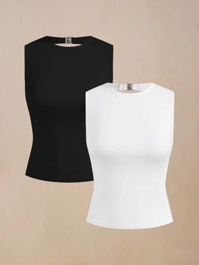 Poéselle 2/piezas Parte superior corta de mujer de unicolor con espalda abierta y frente retorcido sin mangas, ajuste ceñido, tops de verano lindos, tops para salir, Y2k, tops de verano, verano para mujeres