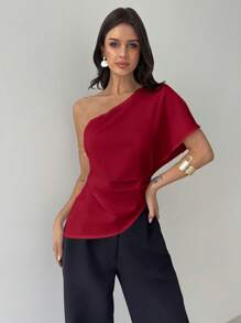 Firerie Women Modest Asymmetrical Neck Blouse, Casual Elegant Office And Wedding Guest, Spring/Summer, Asymmetric Ruched Hem Textured Fabric Red Top - Burgundy - View 3