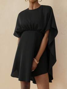 Vesra 女式圆领短袖蝙蝠腰迷你连衣裙，梭织面料，优雅修身休闲百搭连衣裙