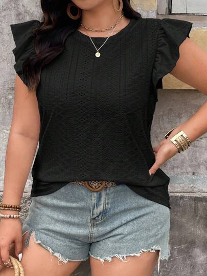 SHEIN LUNE Plus Size Women Summer Vacation Floral Embroidery Ruffle Cap Sleeve T-Shirt Black