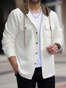 Manfinity Homme Men's Hooded Button-Down Long Sleeve Casual Shacket - White - View 1